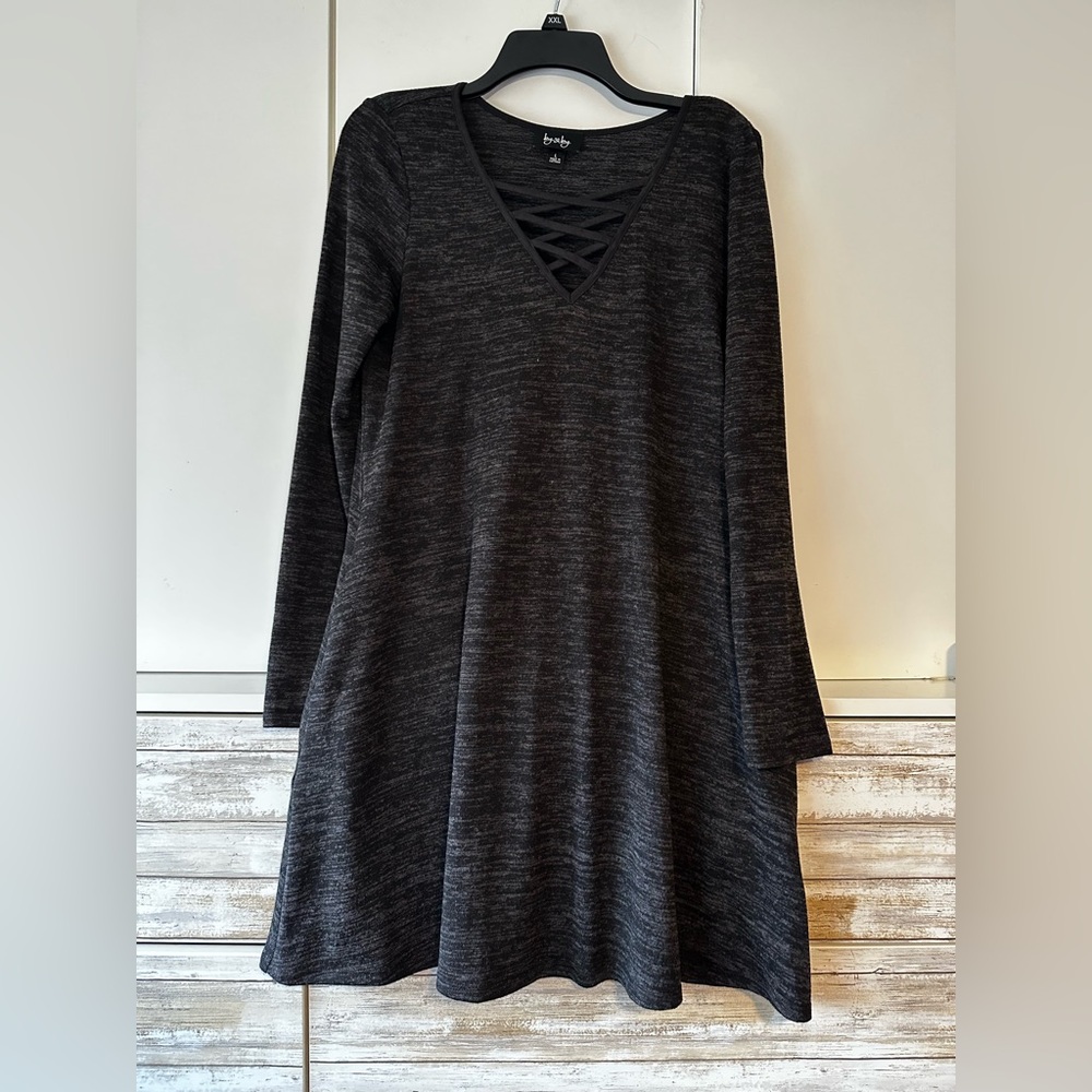 🖤 By & By Black Marled Lace-Up Tunic Dress Size L Long Sleeve Pockets